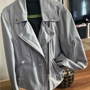 All Saints Soft Gray Leather Biker Jacket
